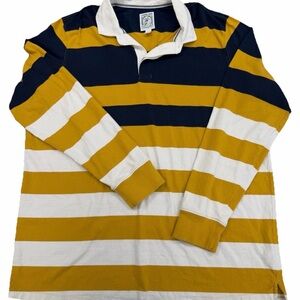 Lands End Rugby Shirt Cotton Long Sleeve Polo Striped 2XLT 50-52 Blue Gold Y2K